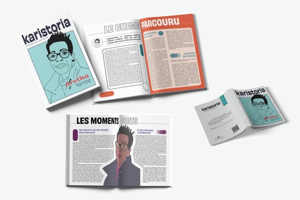 Exemple de livre mémoire Karistoria avec portrait d''une femme et mise en page intérieure